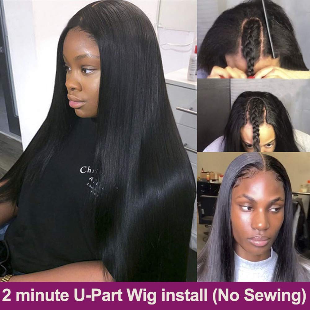 Nvnvdij U Part Wigs Straight Brazilian Virgin Human Hair 2''x 4'' U Shape Glueless Wigs 180% Density Natural Black With Straps Combs For Black Women (22 Inch, Straight)