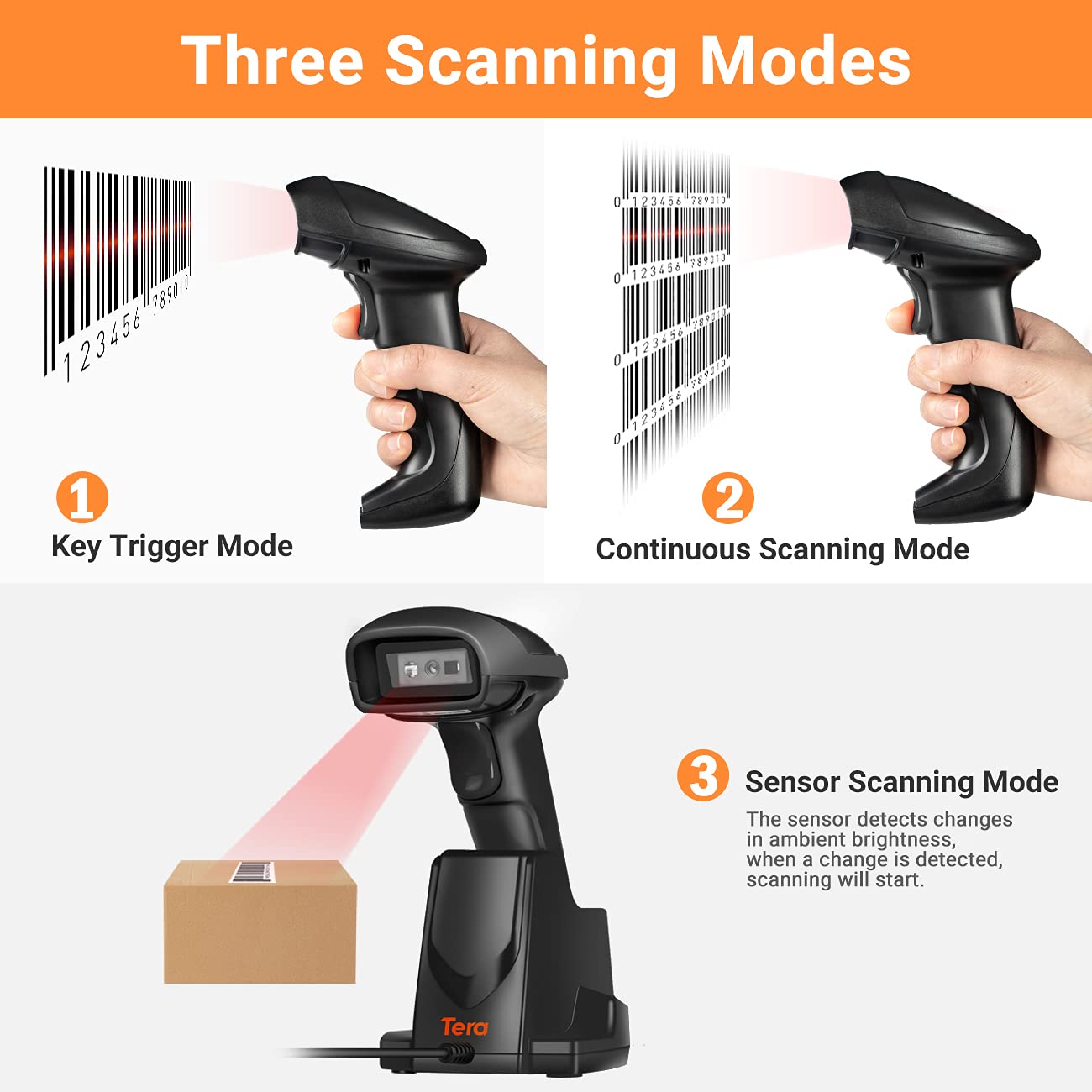 Tera Wireless 1D 2D QR Barcode Scanner with USB Charging Base Handheld Bar Code Reader Scanner Automatic Sensing Fast Precise Scanner HW0005