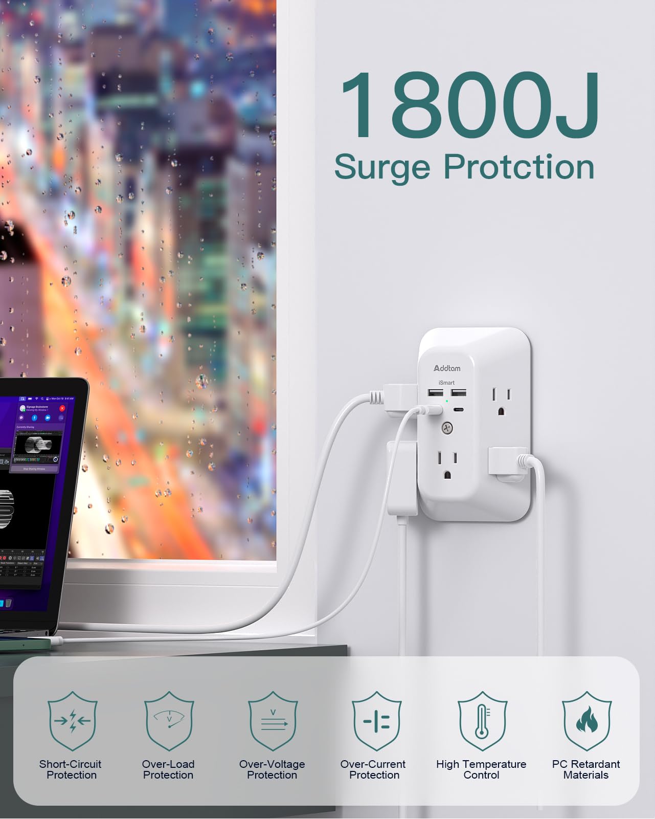 Outlet Extender Surge Protector - Addtam 5-Outlet Splitter with 4 USB Wall Charger(PD 30W), Multi Plug Wall Outlet Power Strip for Home, Dorm Room Essentials