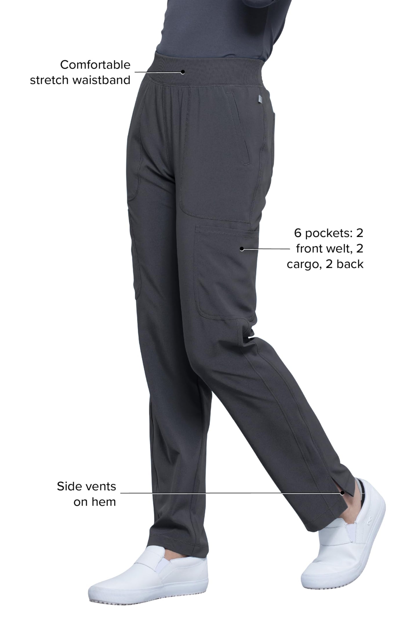Cherokee Infinity Women's Scrub Pant Mid Rise Tapered Leg Pull-on Bottom with Moisture Wicking & 360° Stretch Fabric CK065A, L, Pewter