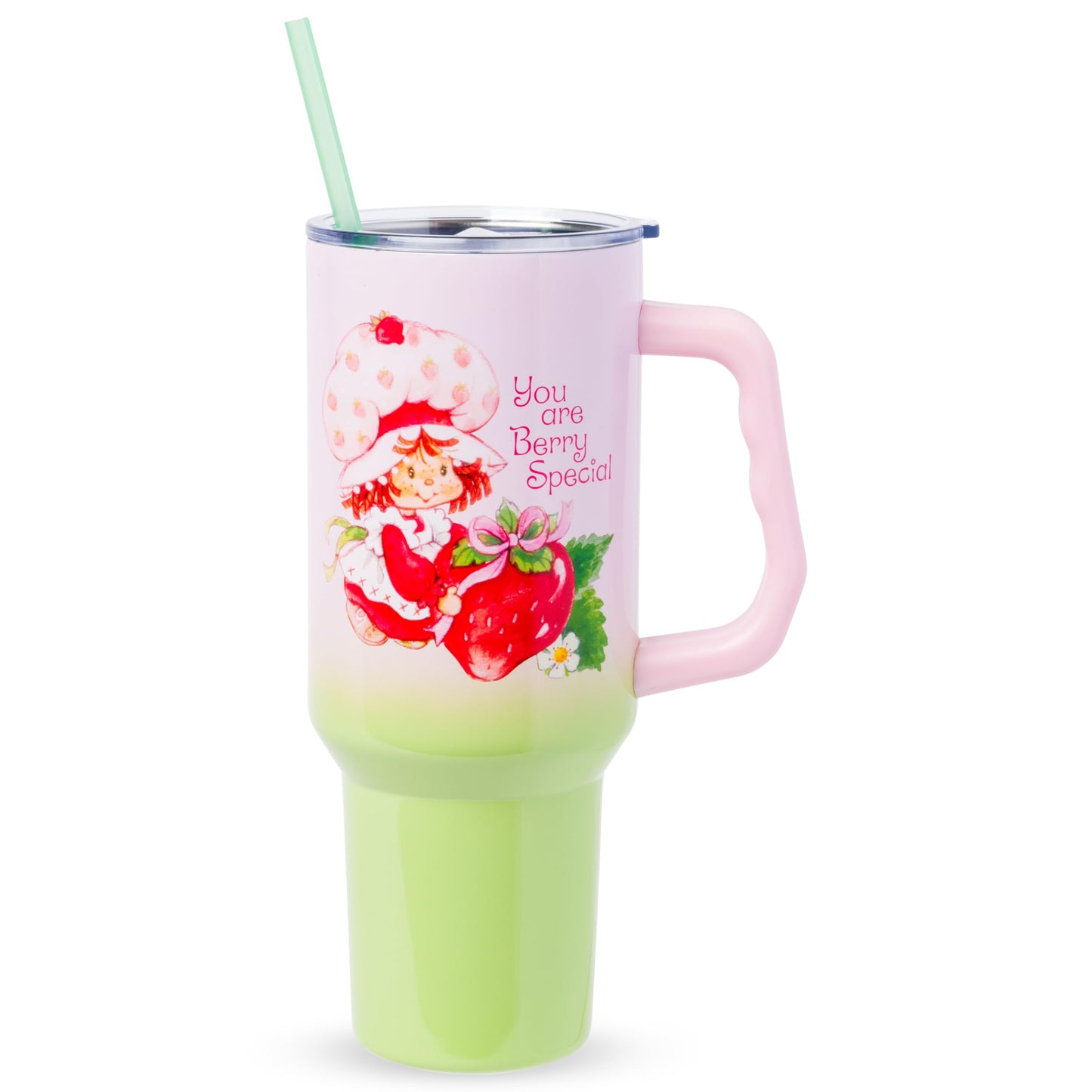 Silver Buffalo Strawberry Shortcake You Are Berry Special Vintage Pink and Green Ombre Double Walled Stainless Steel Tumbler with Handle and Straw, Fits in Standard Cup Holder, 40 Ounces