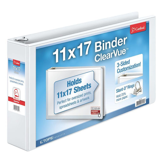 Cardinal® Slant-D® Ring 11" x 17" Tabloid ClearVue™ Binders, 3" Rings, 63% Recycled, White