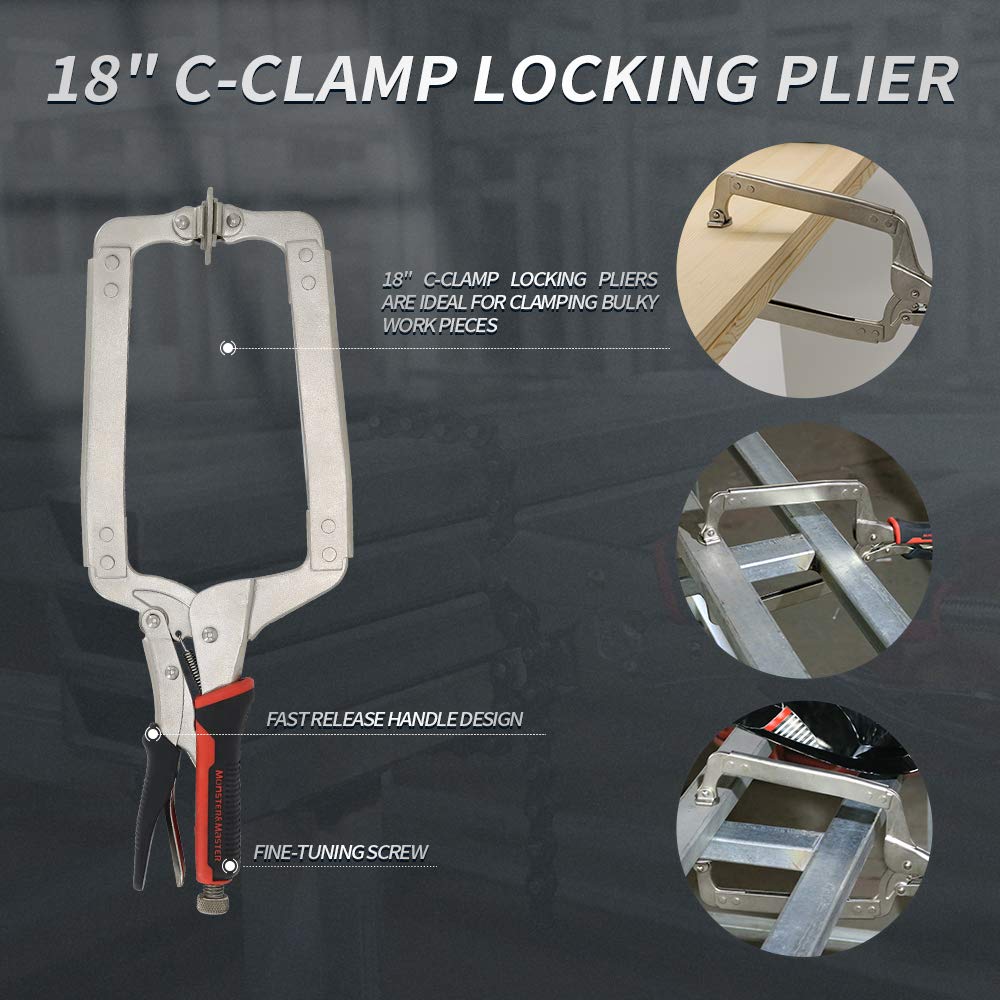 Monster & Master 18" C-clamp Locking Pliers with Swivel Pads, Heavy Duty C Clamp, Welding and Pocket Hole Joinery, 2-Piece