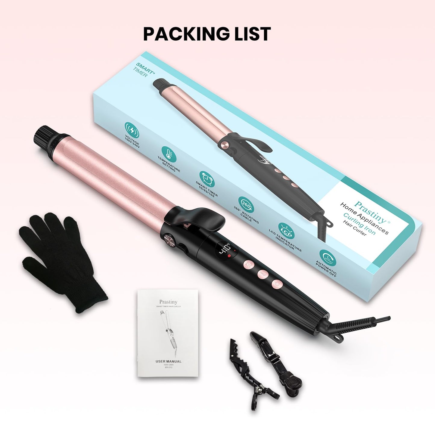 Prastiny Smart Timer Hair Curler Iron 1.25inch Ceramic Coating Large Barrel Hair Curling Wand with LCD Display and Foldaway Safety Stand Dual Voltage for Travel Medium and Long Hair