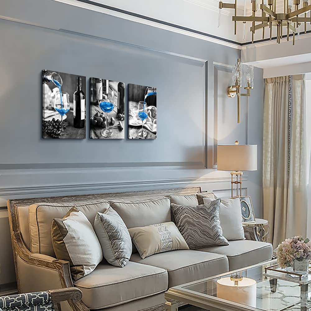 Canvas Wall Art For Kitchen Wall Decor For Dining Room Black And White Wine Glasses Painting Modern Blue Wine Canvas Art Prints Ready To Hang Pictures For Restaurant Home Decorations 16"X24" 3 Pieces