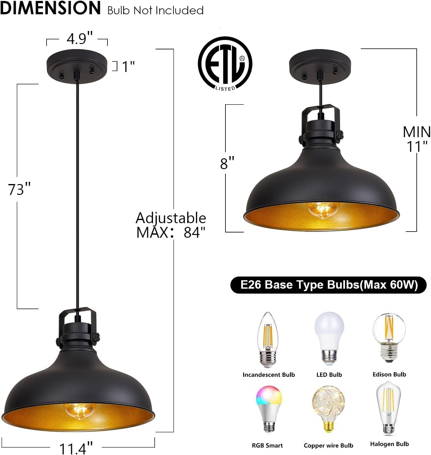 ALAISLYC Black Farmhouse Pendant Lights Matte Pendant Lighting for Kitchen Island Industrial Adjustable Height Vintage Dome Hanging Light Fixtures for Barn, Dining Room 2 Packs
