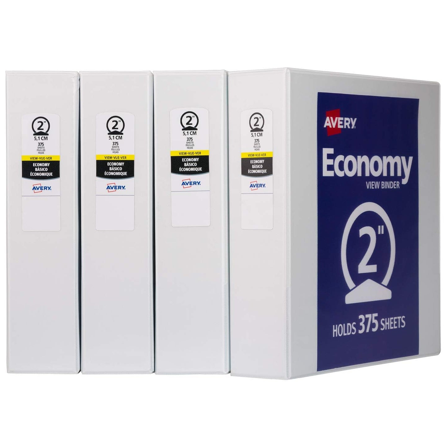 Avery Standard View 3 Ring Binders, 2" Round Rings, 375-Sheet Capacity, 2.8 Inch Wide Spine, White Binders, Ideal for Lightweight Organization and Occasional Referencing (4-Pack of 19202)