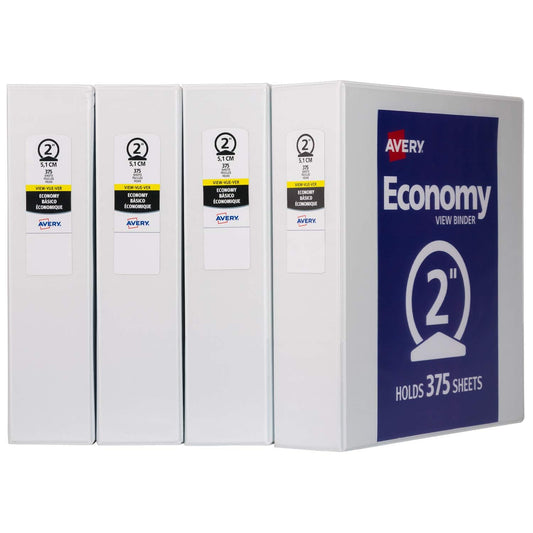 Avery Standard View 3 Ring Binders, 2" Round Rings, 375-Sheet Capacity, 2.8 Inch Wide Spine, White Binders, Ideal for Lightweight Organization and Occasional Referencing (4-Pack of 19202)