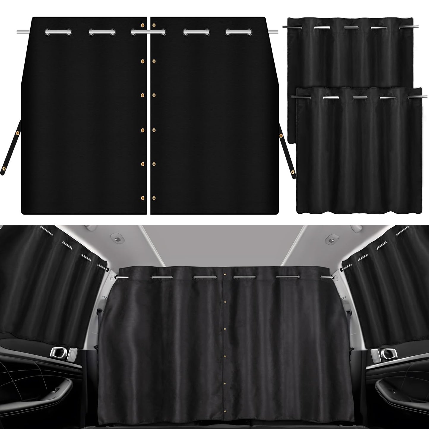 XCBYT Car Privacy Divider Curtains (3-Pack), Rigid Rod-Mounted Total Blackout Set - No Sag, No Strings - Rear Seat Divider & Side Window Shades for Car Camping, Baby Naps