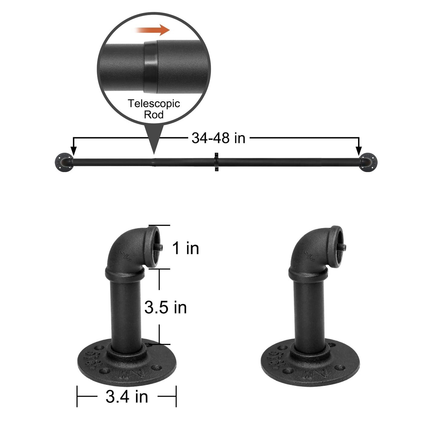Refrze 2 Pack Curtain Rods for Windows 34 to 48 Inch, Industrial Curtain Rods Wrap Around, Heavy Duty for Bedroom & Outdoor, 34-48", "Black Curtain rod