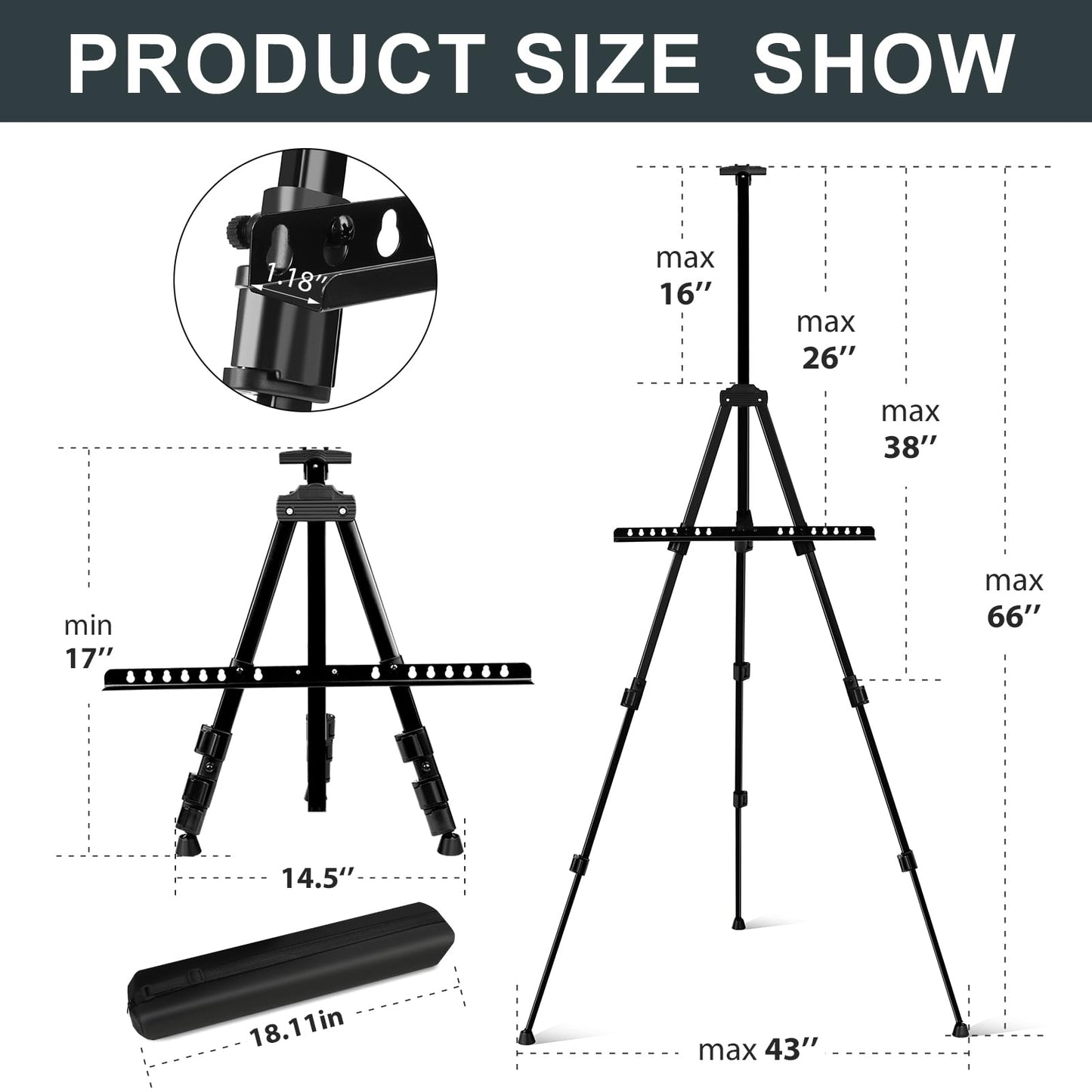 AROIC 8 Pack Painting Display Easel Stand Portable Adjustable Metal Tripod Artist Canvases Height from17to66Inch Extra Sturdy forTable-Top/Floor Painting, Drawingand Displaying,Black with8Storage Bag