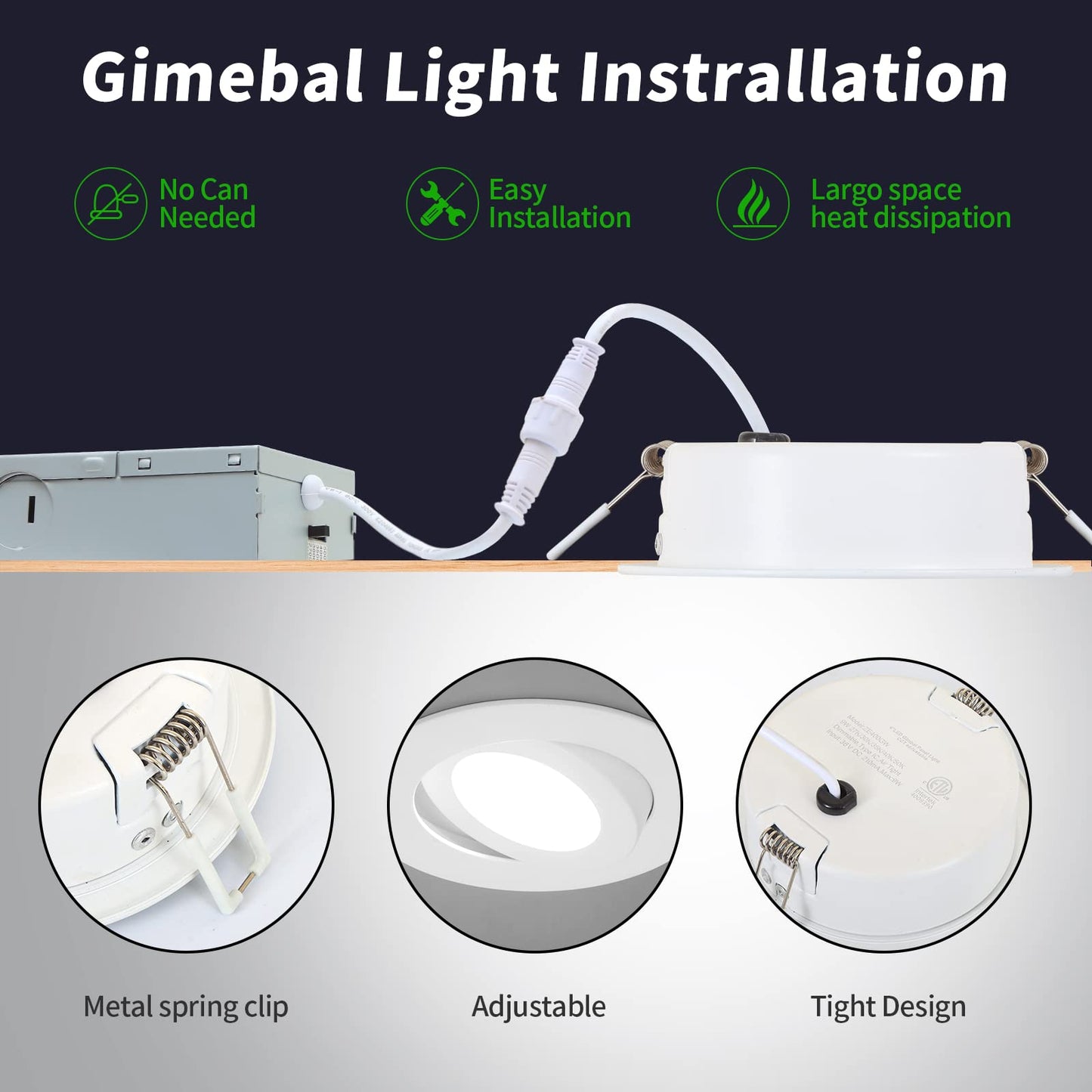 KnLnny Ware Eyeball Recessed Lighting 4 Pack, Ajustable Gimbal Recessed Ceiling Light with Junction Box,5 CCT(2700K-6500K) Selectable,9W 750LM,Dimmable,Airtight, ETL Listed