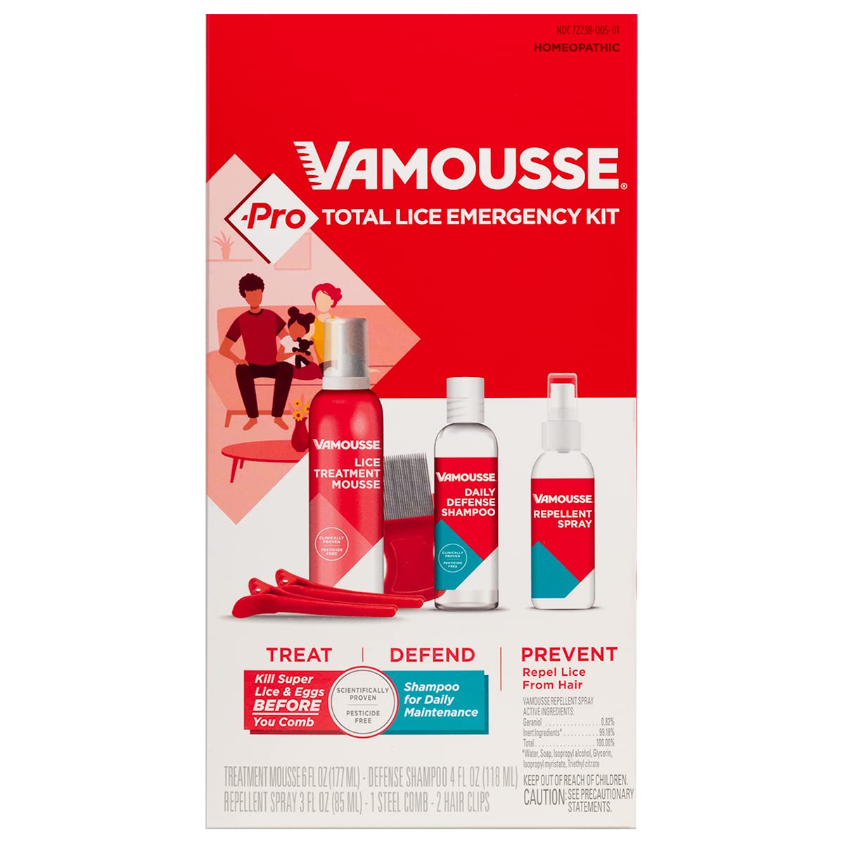 Vamousse PRO Lice Emergency Kit, Includes Lice Treatment Mousse (6 Oz), Daily Shampoo (4 Oz), Repellent Spray (3 Oz), Steel Comb & 2 Clips, for Kids & Adults, Ideal for Daily Use
