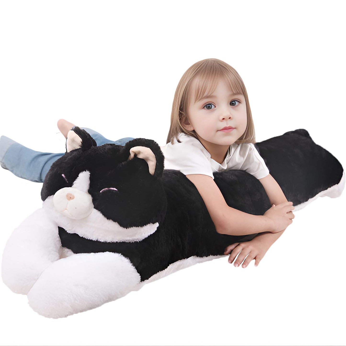 40'' Large Cat Sleeping Long Plush Pillow Toy, Milk Black White Kitty Soft Cat Stuffed Animals, Big Kitten Plushies Cute Doll Gift for Kids Girls Boys, Birthday