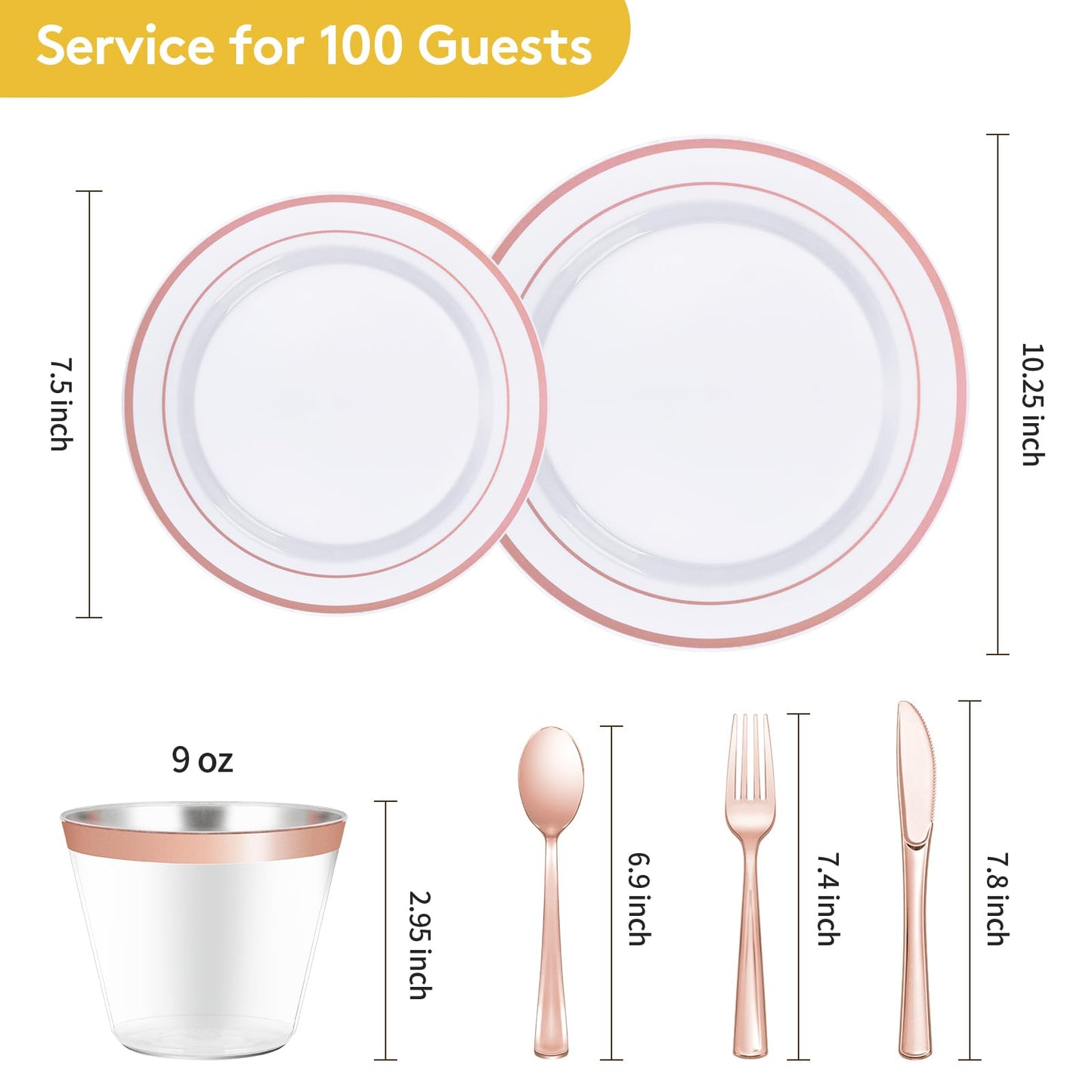 Goodluck 600 Pieces Rose Gold Disposable Plates for 100 Guests, Plastic Plates for Party, Wedding, Dinnerware Set of 100 Dinner Plate, 100 Salad Plates, 100 Spoons, 100 Forks, 100 Knives, 100 Cups