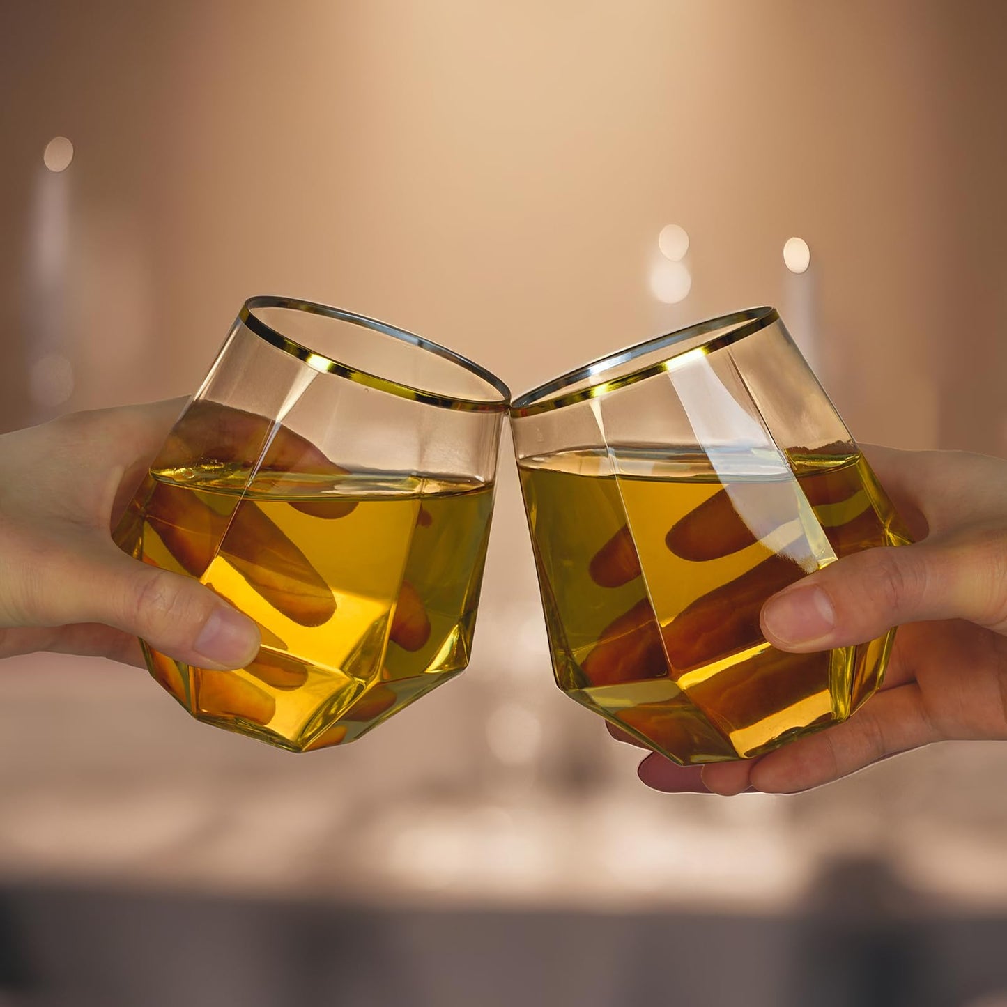Goodluck 40 PCS Diamond Stemless Plastic Wine Whiskey Glasses, 12 Oz Disposable Cocktail Glasses, Suitable for Weddings, Birthday Parties, Family Gatherings, Bars, etc （Gold rimmed cups）