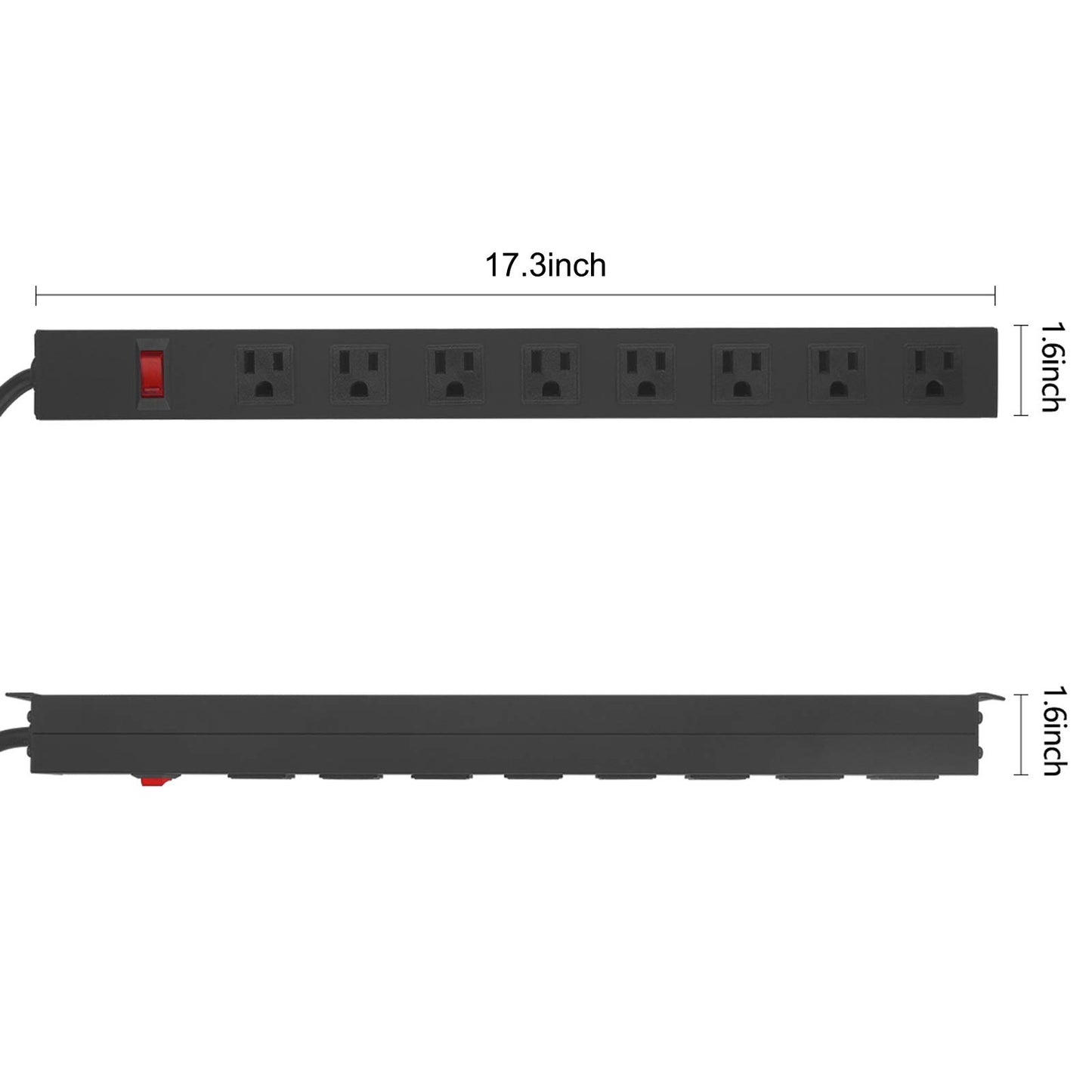 2Pack Metal 8 Outlet Mountable Power Strip, Wall Mount Outlet Heavy Duty, Wide Spaced Commercial Shop Power Strip with Switch, 6 FT SJT 14AWG Power Cord.