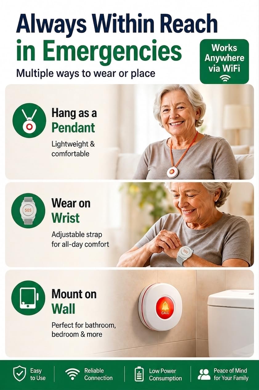 Daytech Wi-Fi Wireless Caregiver Call Button for Elderly/Patient, App Alert Systems for Seniors 、Patients and People with Disabilities （ 1 SOS Alert Watch + 1 Wireless Call Buttons + 1 Receiver）