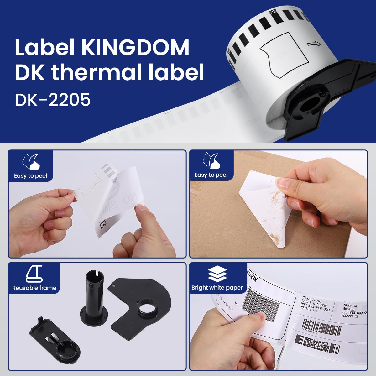 12 Rolls DK-2205 62mm x 30.48m (2-3/7" x 100') Continuous Length White Paper Label Tape Roll Compatible with Brother QL-600 800 810w Thermal Printers, 1 Frame