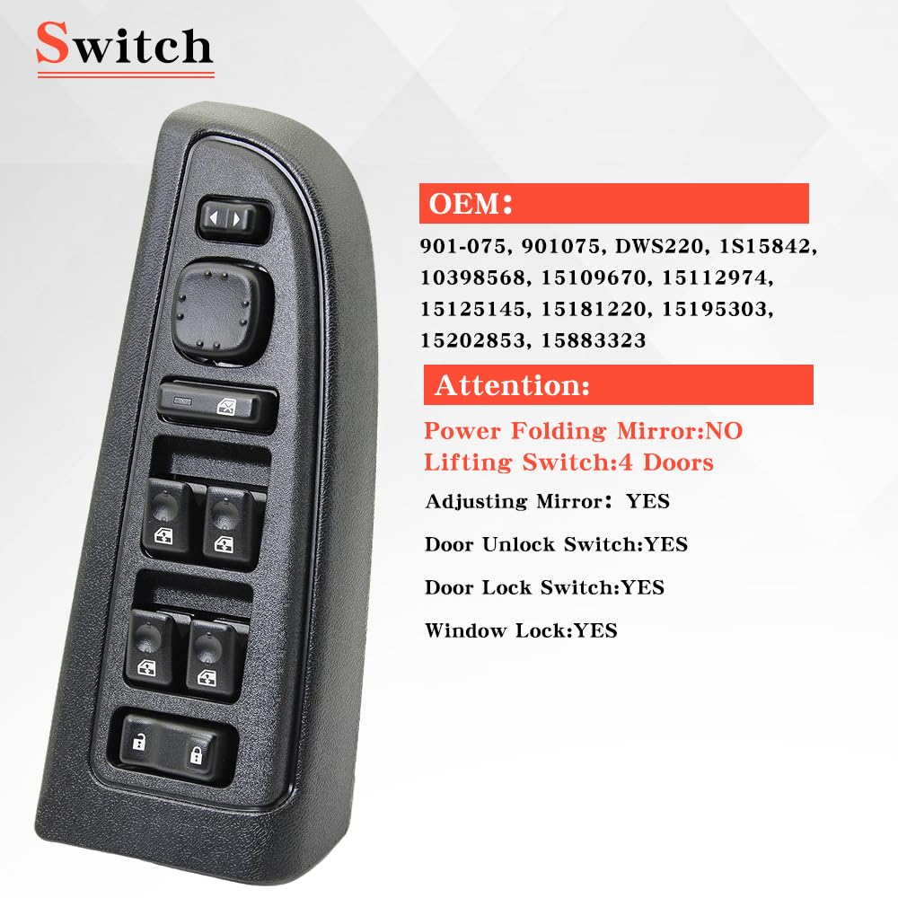 Driver Side Door Lock 15883323 and Master Power Window Switch&Bezel Assembly Compatible with 2003 2004 2005 2006 2007 2008 Chevy Avalanche Silverado Suburban Tahoe Cadillac Escalade GMC Yukon 15181220