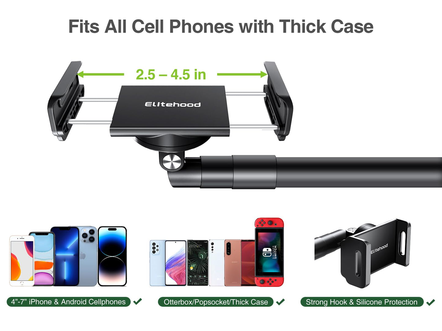 elitehood Heavy Duty Aluminum Overhead Phone Stand, 15 in Long Arm iPhone Holder for Video Recording, 360 Degrees Swivel Tilt Overhead Phone Mount for Filming, Meeting, Cooking, Painting and Crafting