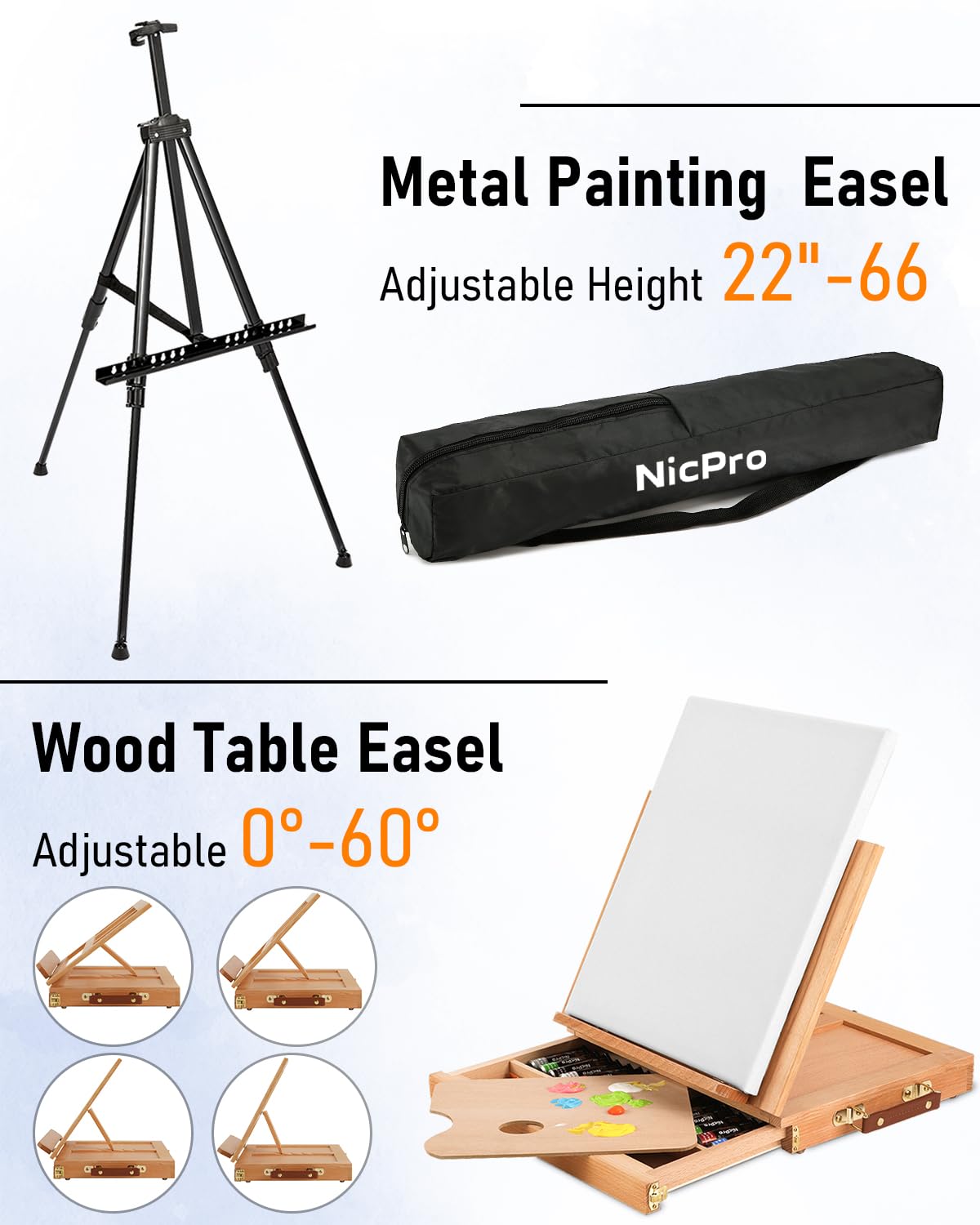 Nicpro 158PCS Deluxe Art Painting Kit with Metal and Solid Beech Wood Art Easel, Acrylic, Oil & Water Colour Paint Set, Paint Brushes, Canvas, Palette, Paper Pad, Professional Art Painting Supplies for Adults Artist