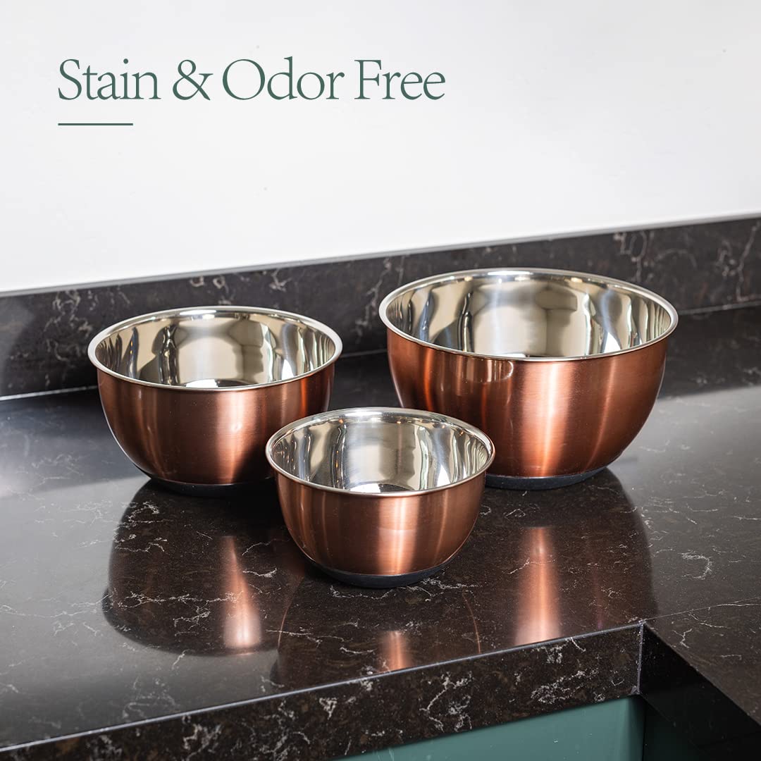 Samma Copper Mixing Bowl Set - Stainless Steel Body with Black Silicone Bottom - 3 Piece Set with Lids