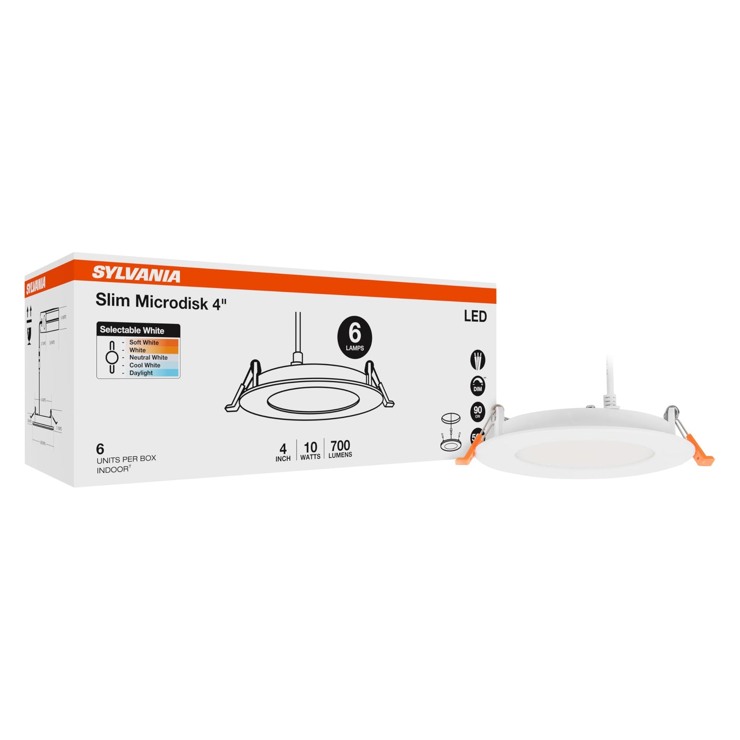 Sylvania 4" Slim Microdisk Downlight, 10W, 5 CCT Select (2700K - 5000K) Recessed Lighting, 700 LMS, 90 CRI, Dimmable, Wet-Rated, White - 6 Pack (61189)