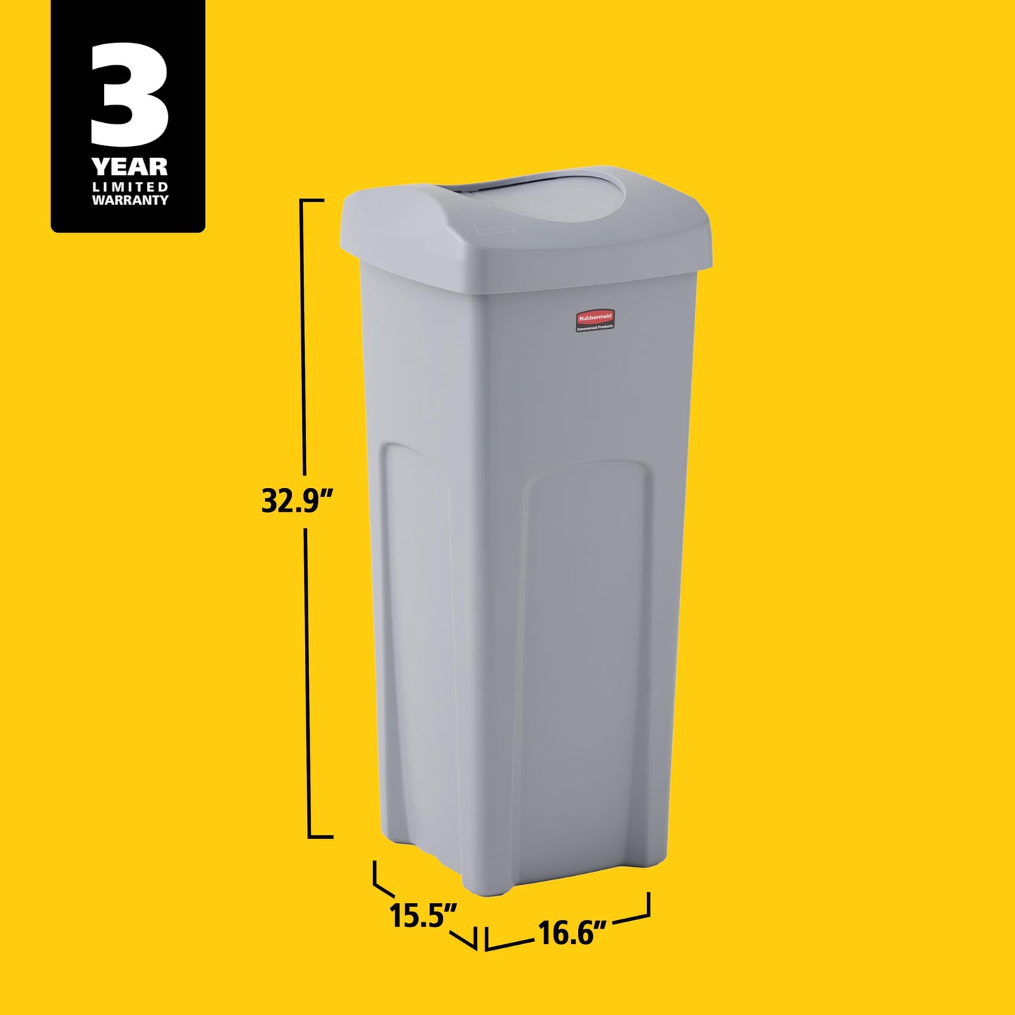 Rubbermaid Commercial Products Square Trash/Garbage Container with Untouchable Swing Top Lid, 23-Gallon, Gray, Perfect for Outdoor/Restaurant/School/Kitchen