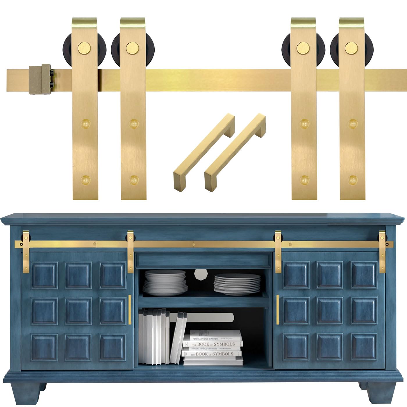 Rio Salto Mini Gold Barn Door Hardware Kit with Handles, Double Pannel Cabinet Sliding Barn Hardware Track for Sliding Furniture (Light Gold, 4FT Track Kit Plus Handles (Double Door)