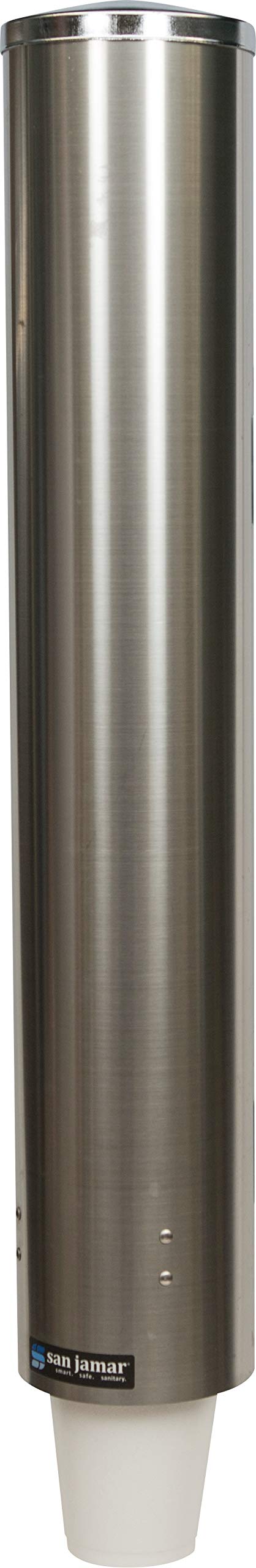 San Jamar Large Pull-Type Cup Dispenser Fits 12 - 24 Oz. Cups with Flip Cap for Restaurants, Dining Halls, and Fast Food, Stainless Steel, 23.5 Inches, Silver