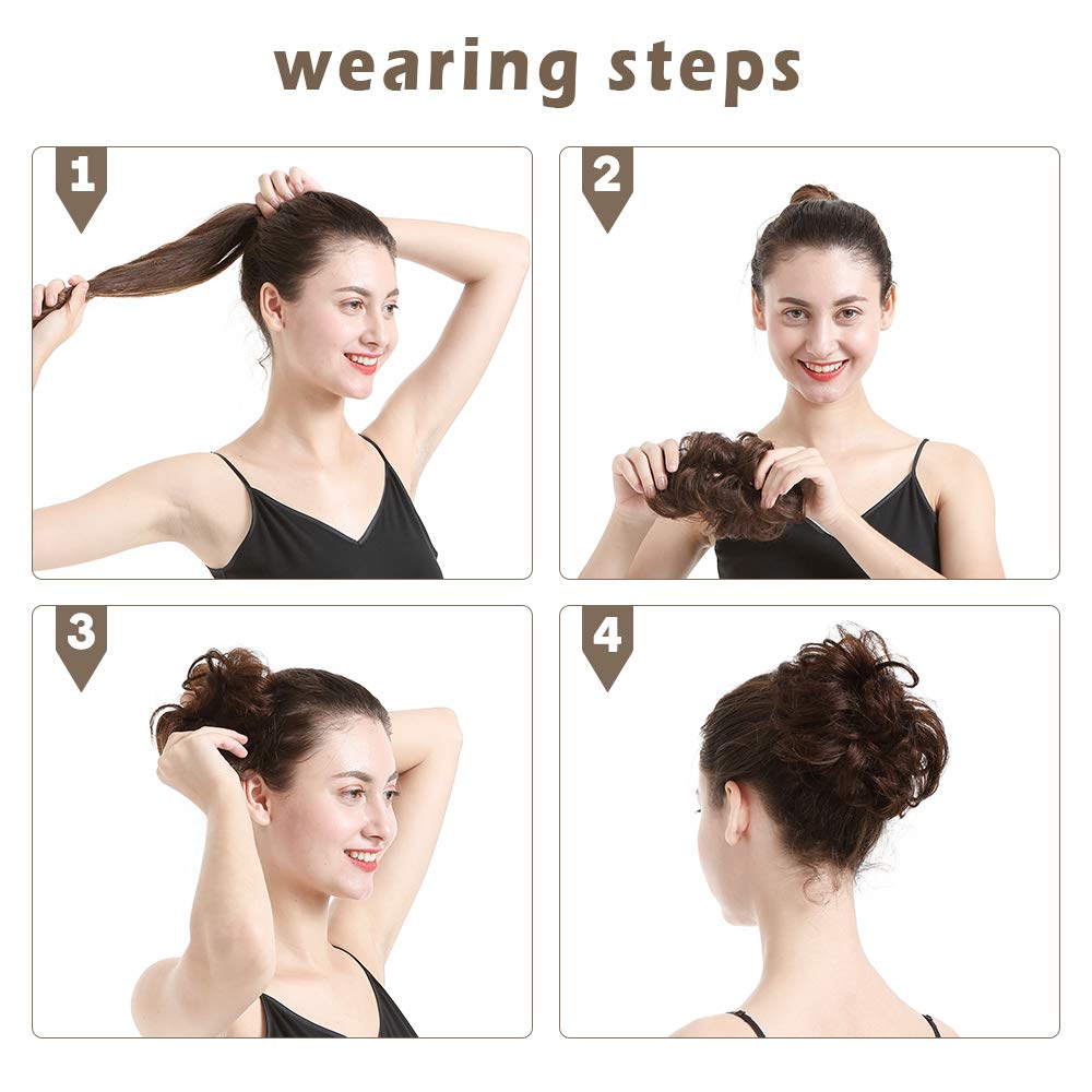 BARSDAR 100% Human Hair Bun Extension - 2 PCs Real Human Hair Messy Bun Hair Pieces Brown Hair Bun Extensions for Women - Real Human Hair Bun Scrunchies Updo Chignons Daily - Brown