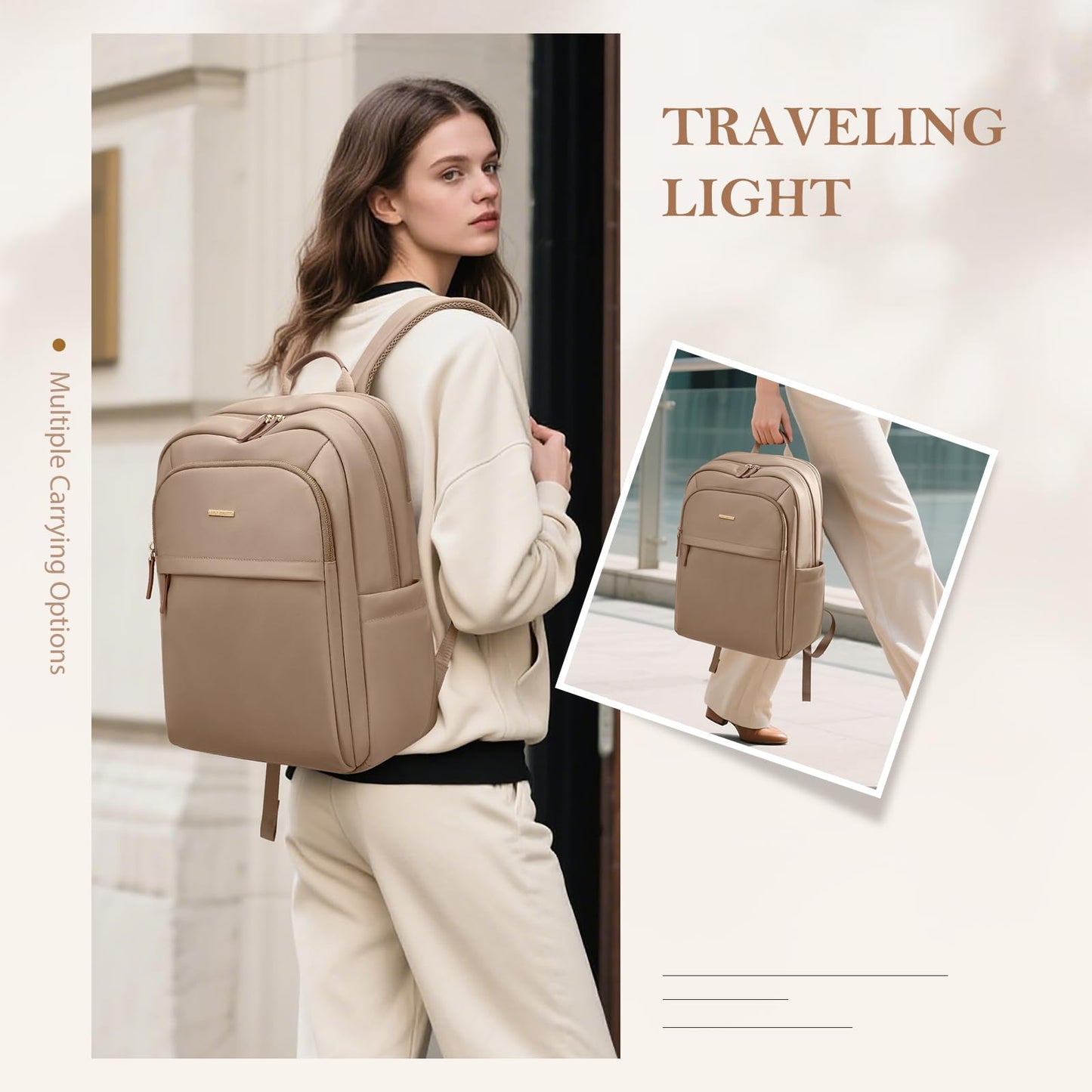 GOLF QUALITY Travel Backpack for Women Personal Carry On Bag Business Weekender Hiking Multilayer Laptop Bag,16 Inch,Champagne Brown