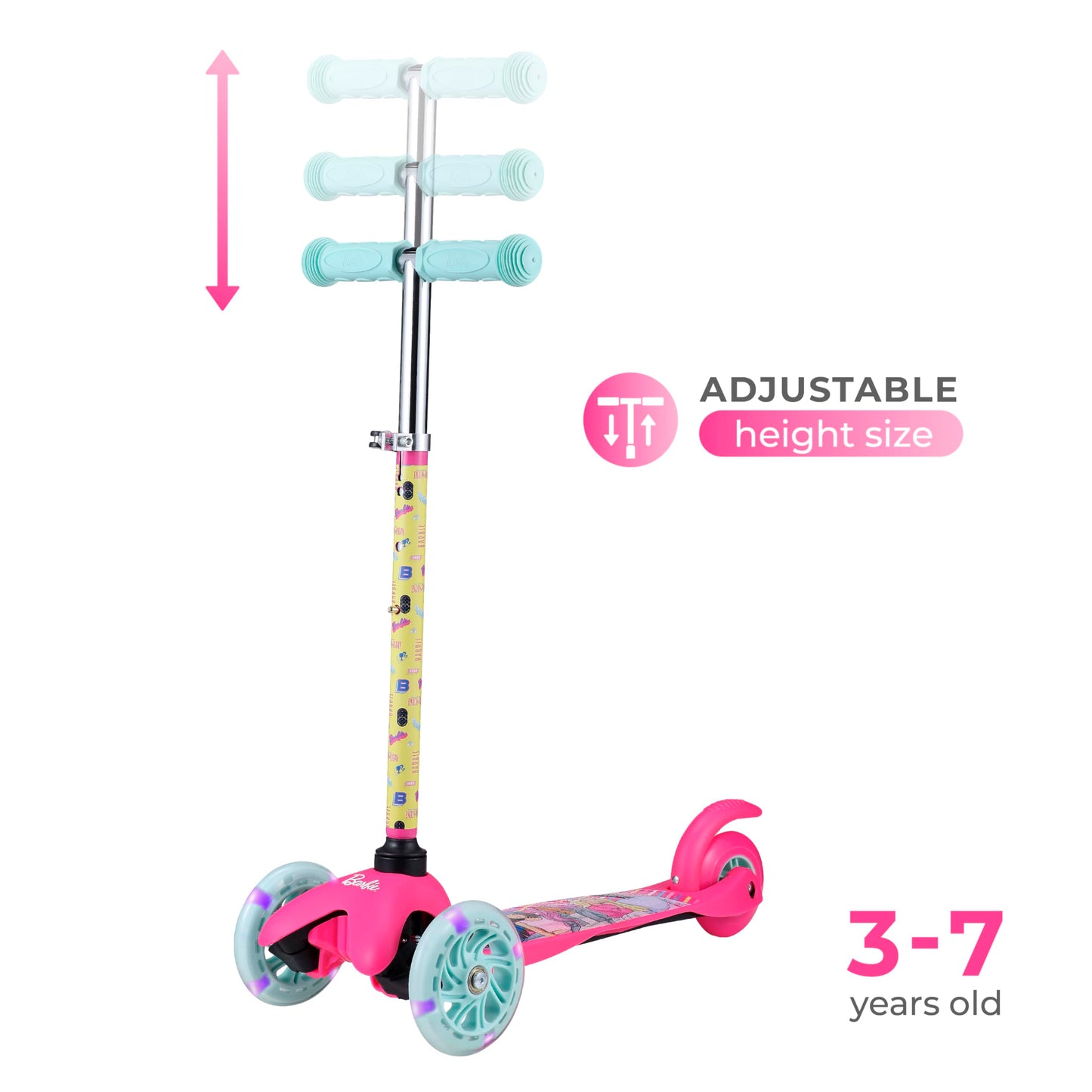 Barbie Self Balancing Kick Scooter with Light Up Wheels, Extra Wide Deck, 3 Wheel Platform, Foot Activated Brake, 75 lbs Limit, Kids & Toddlers Girls or Boys, for Ages 3 and Up