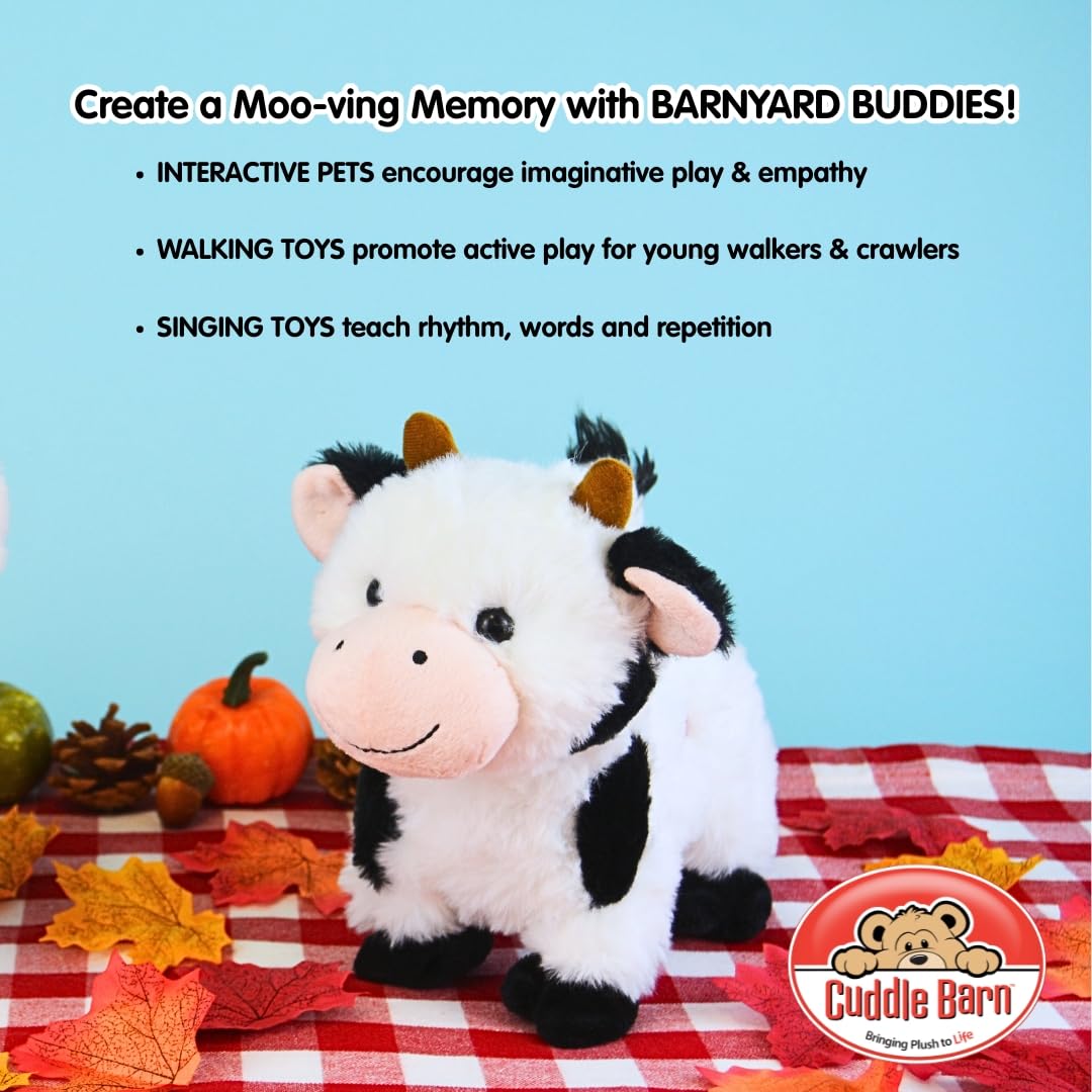 Cuddle Barn - Barnyard Buddies Cow | Animated Singing Cow Plush Stuffed Animal | Walks and Wags Tail to Old Macdonald, 8 inches
