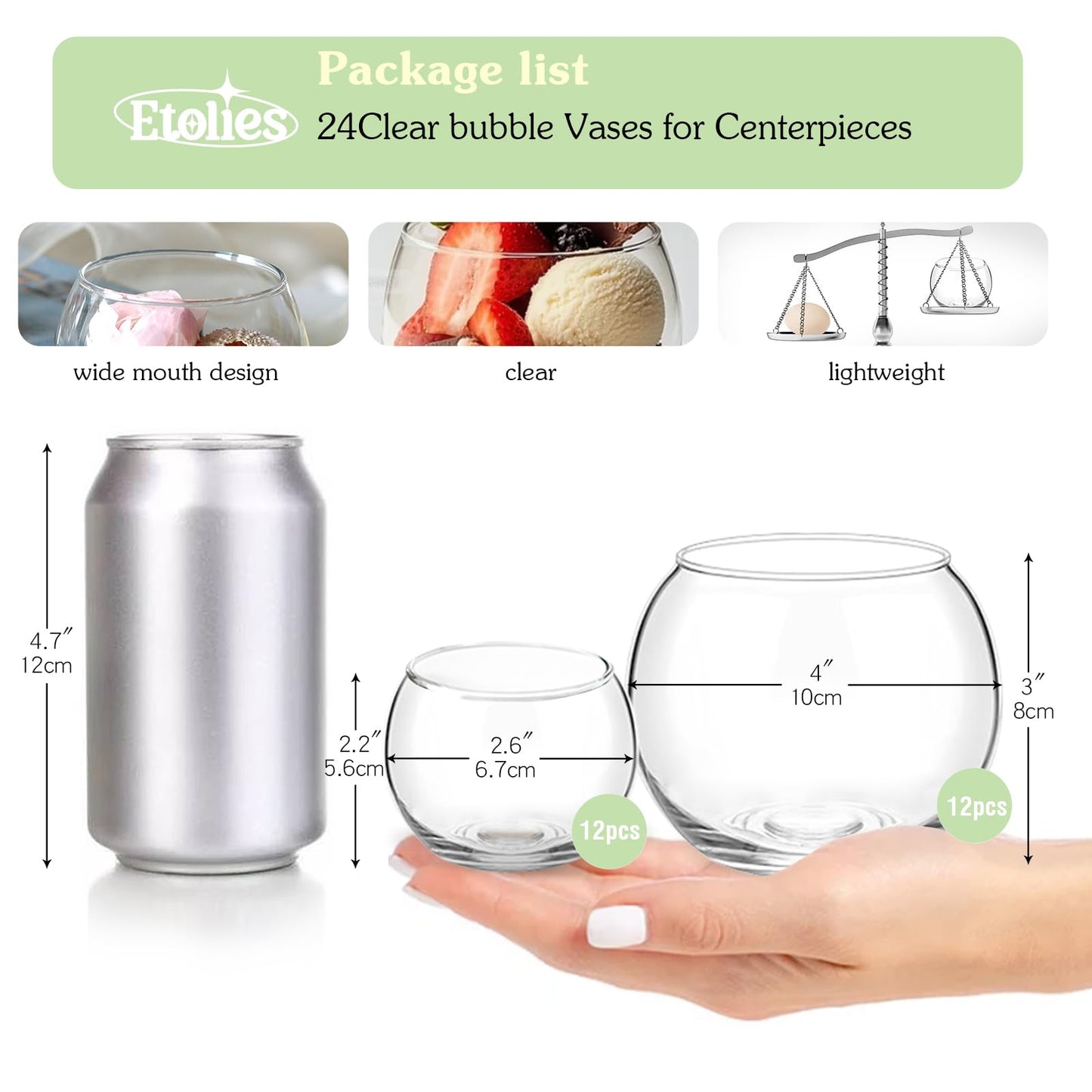 24 Pack Glass Bubble Vases,Small flower bud vases bulk,4"W x3"H Set of 12 Pcs Clear Bowl Vase,2.6"W x2.2"H Set of 12 Pcs Round Candle Holders,Mini Globe Vase Centerpiece for Wedding Party,Home Decor