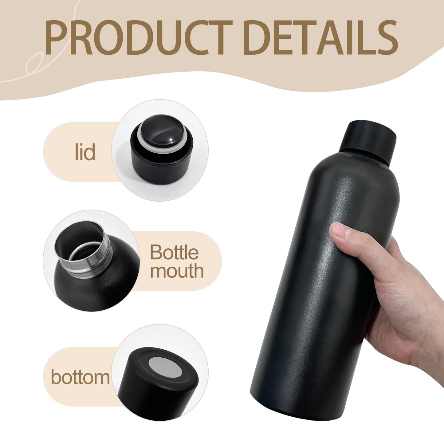 WHEATHUSK 16 Pack Stainless Steel Insulated Water Bottle 17oz Blank Double Wall Vacuum Thermal Sports Bottle Personalized Powder Coated Bulk for Laser Engrave, Black