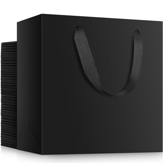 EUSOAR Large Gift Wrap Bags Bulk, 50 Pack 12.5x4.5x11 inches Black Paper Bags with Handles, Heavy Duty Totes for Wedding, Grocery, Boutique, Retail, Business, Party Favors, Baby Showers, Birthdays