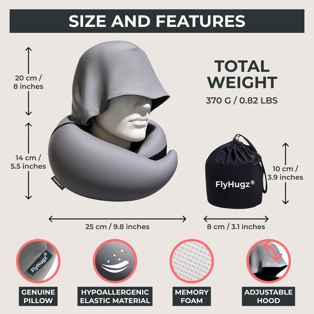 FlyHugz® 2.0 Hooded Travel Pillow – 2026 Original Release – Memory Foam Neck Pillow with Adjustable Hood & Premium Elastic Washable Cover – First Class Comfort for Flights, Road Trips & Sleep-Gray.
