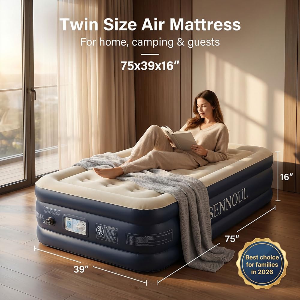 SENNOUL Twin Air Mattress with Built-in Pump,Fast & Easy Inflation/Deflation Inflatable Mattress, Foldable Blow Up Mattress with Storage Bag, Inflatable Bed for Home, Camping & Guests,16"/550lbs Max