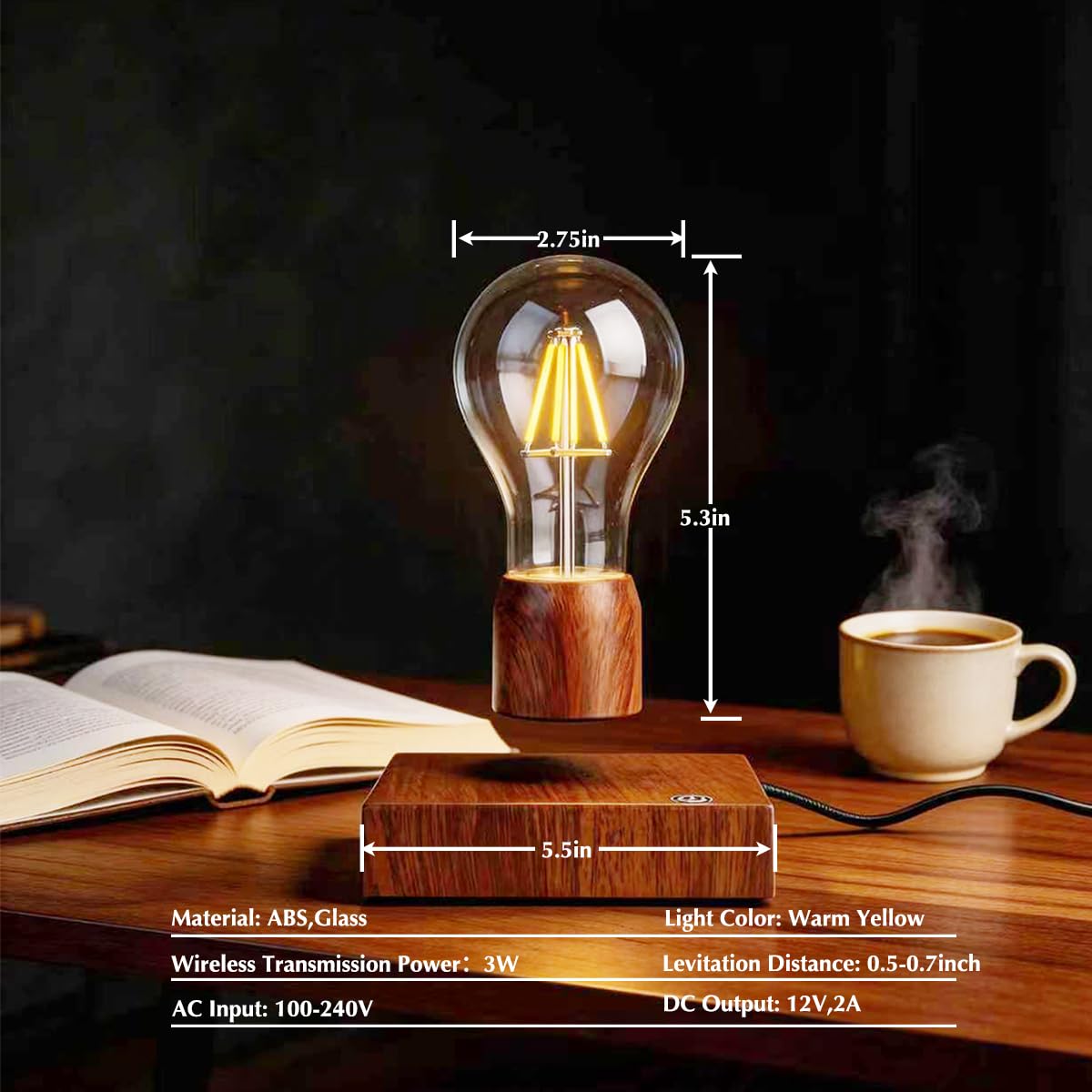 exekoml Magnetic Levitating Floating Wireless LED Light Bulb Desk Lamp for Unique Gifts, Room Night Light, Home Office Decor Tech Toys