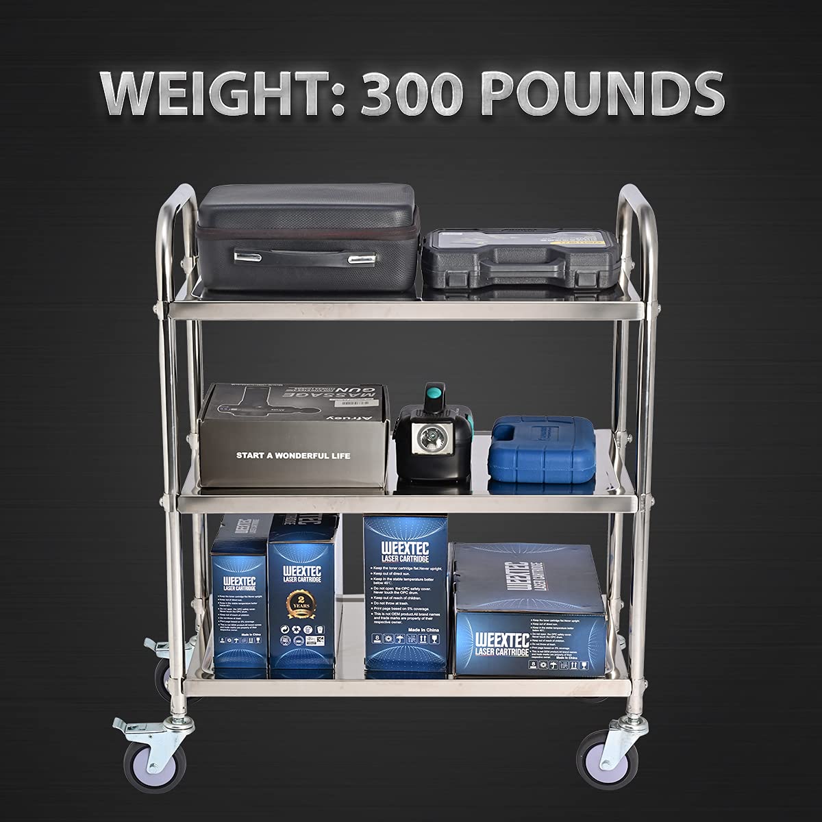 Amarite 3 Shelf Stainless Steel Cart, 420 lbs, 1MM Thick, Serving With Wheels, Household Service Trolley, 360 Rotation Storage Shelf With Locking Wheels (29.5*15.8*37.4)'' Utility