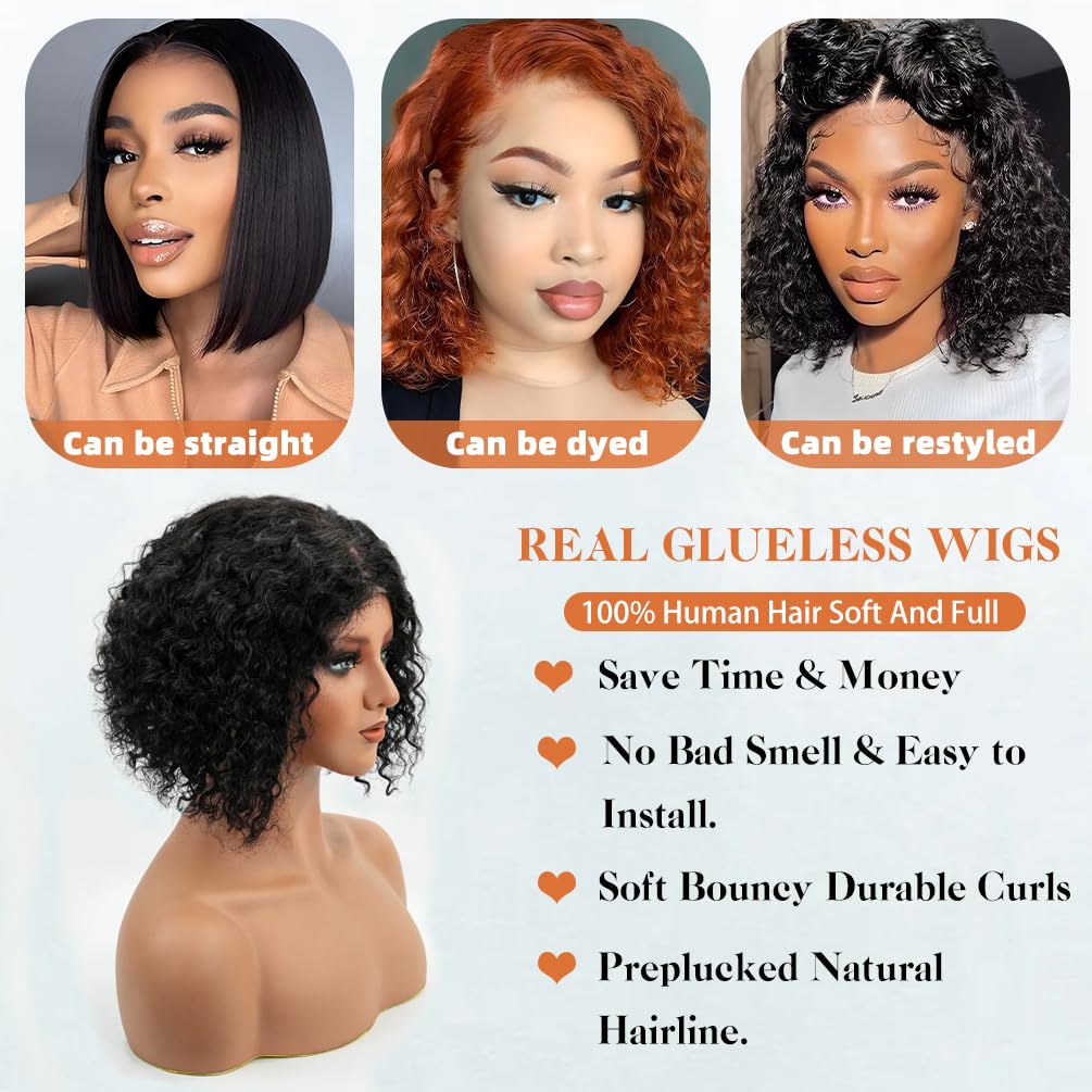 Glueless Wigs Human Hair Pre Plucked Pre Cut, Short Curly Deep Wave Lace Front Wigs Human Hair, 180% Density Wear and Go Glueless Bob Wig Human Hair for Women 10 Inch Natural Black