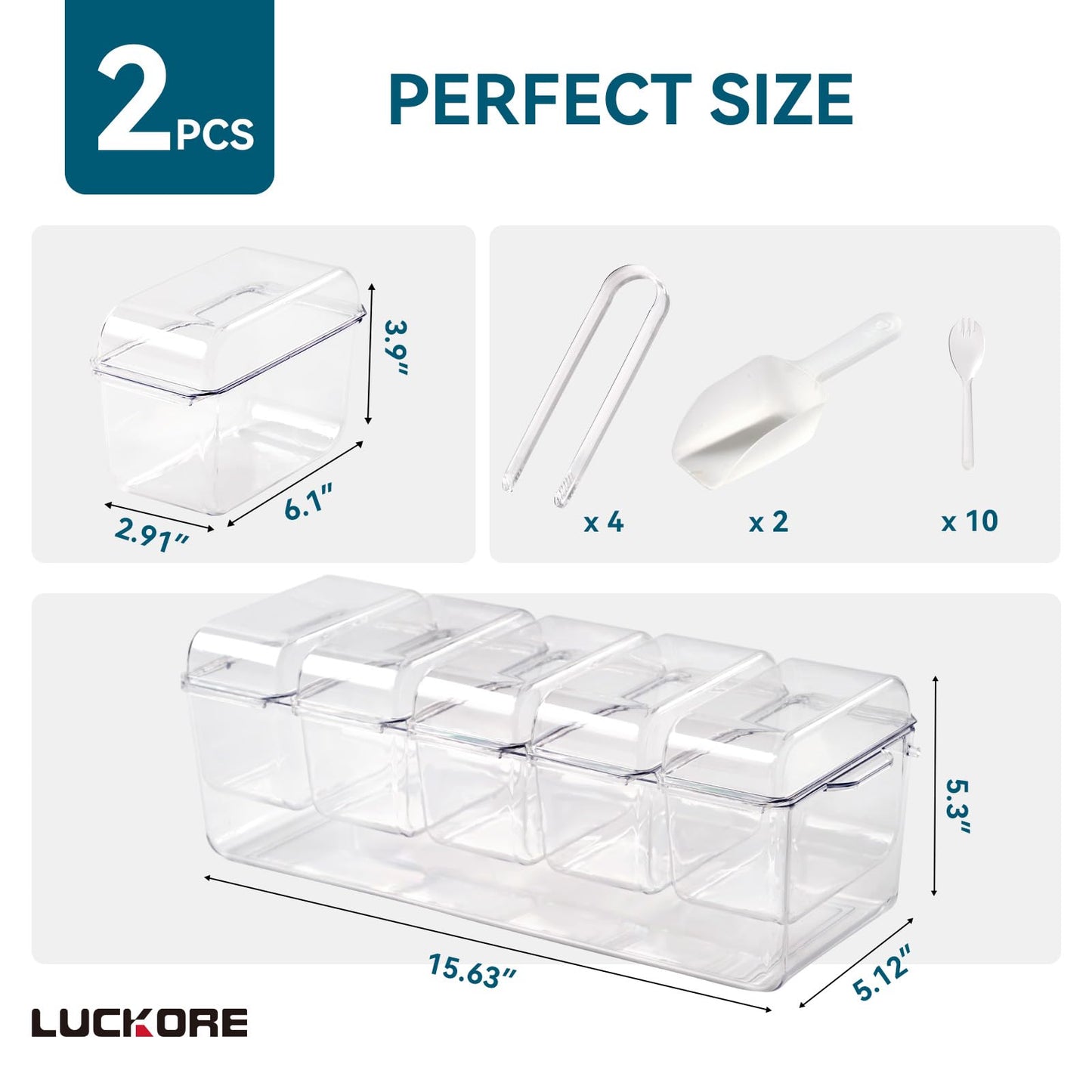 2 Pack Chilled Condiment Tray Server with 5 Containers and Removable Compartments, Large Ice Condiment Organizer, Clear Garnish Serving Platter for Kitchen, Fruit, Salad, Food, Bar Accessories