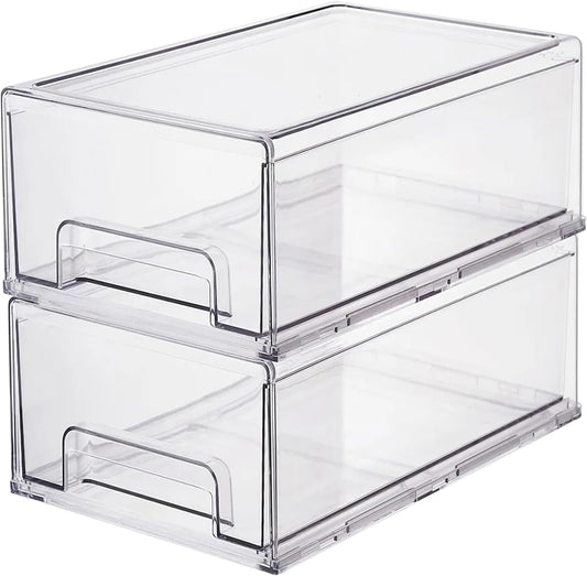 Clear Plastic Stackable Storage Drawers Bins, Perfect for Kitchen Pantry Organization and Storage, Under Sink Organizer, Pull Out Cabinet Organizer, Makeup, Bathroom Storage Containers for Organizing