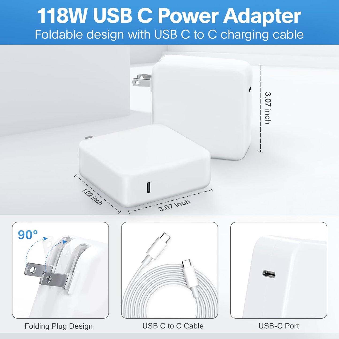 Mac Book Pro Charger - 118W USB C Fast Charger Power Adapter Compatible with USB C Port MacBook Pro/MacBook Air 16 15 14 13 Inch, New iPad Pro and All USB C Device, Included 6.6ft USB C Charge Cable