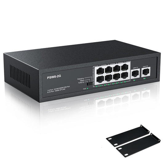 8 Port Full Gigabit PoE+ Switch with Rack Mount Ears, with 2 Gigabit Uplink Ports Up to 30W Per Port, Total Budget 120W, 48 Volt 802.3af/at Compliant, Compatible with PoE IP Cameras VOIP Phones