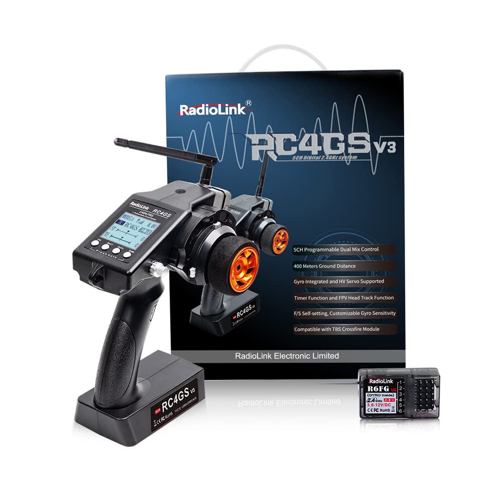 Radiolink RC4GS V3 5 Channels RC Transmitter and Receiver, 2.4GHz Surface Remote Controller R6FG Gyro RX Combo, 30 Models Storage for RC Crawler, Drifting, Bash, Buggy Cars and Boats