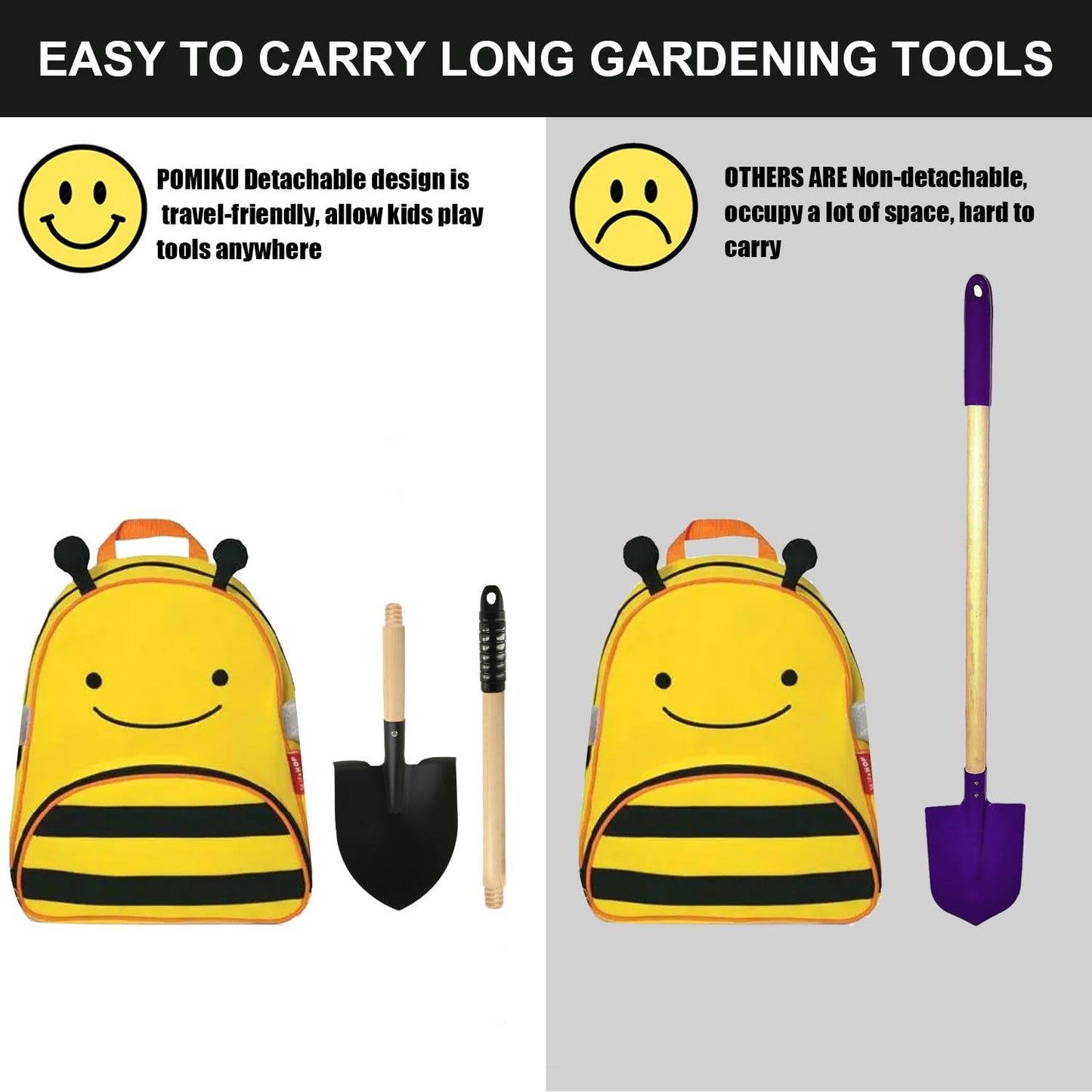 POMIKU Kids Garden Tools, Rake and Shovel Set, 7 Pieces Gardening Tools for Yard, Beach, Camping Play, Outside Toys for Kids Ages 3 up Gift