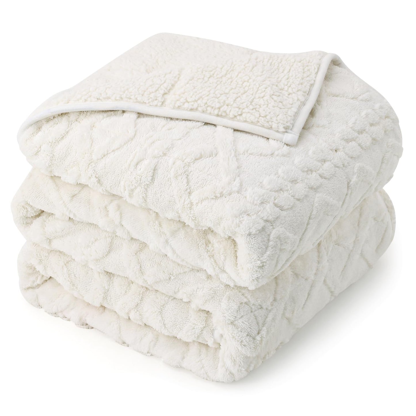 Drewin Weighted Blanket 15lbs Queen Size, Soft and Thick Jacquard Sherpa Throw Blanket for Calm and Relax, Dual Sided Ultra Cozy Fluffy Heavy Blankets with Ceramic Beads, 60 x 80 inches, Cream White
